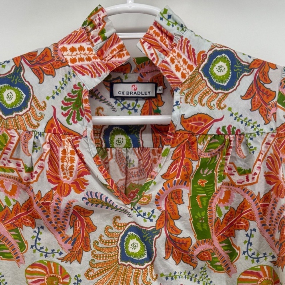CK Bradley Womens Paisley Ruffle Neck Long Sleeve Blouse Multi-Color Size M